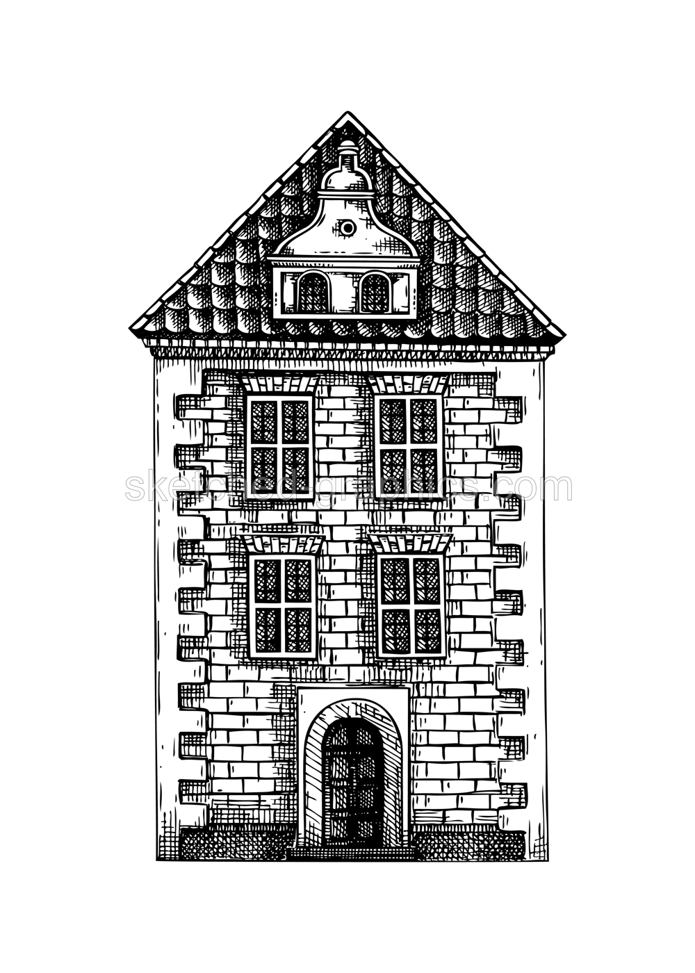 European city architecture sketch. Traditional old building drawing. Vintage style brick house hand-drawn vector illustration. Architectural design element.  NOT AI generated Illustration